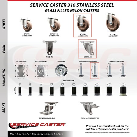 Service Caster 4 Inch 316SS High Temp Glass Filled Nylon Swivel 3/8 Inch Threaded Stem Caster SCC-SS316TS20S414-GFNSHT-381615